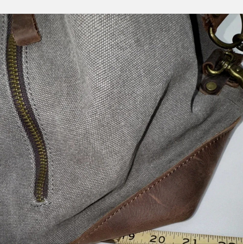 Rugged Canvas Duffel Bag Distressed Grey Brown Faux Leather Weekender Travel NEW